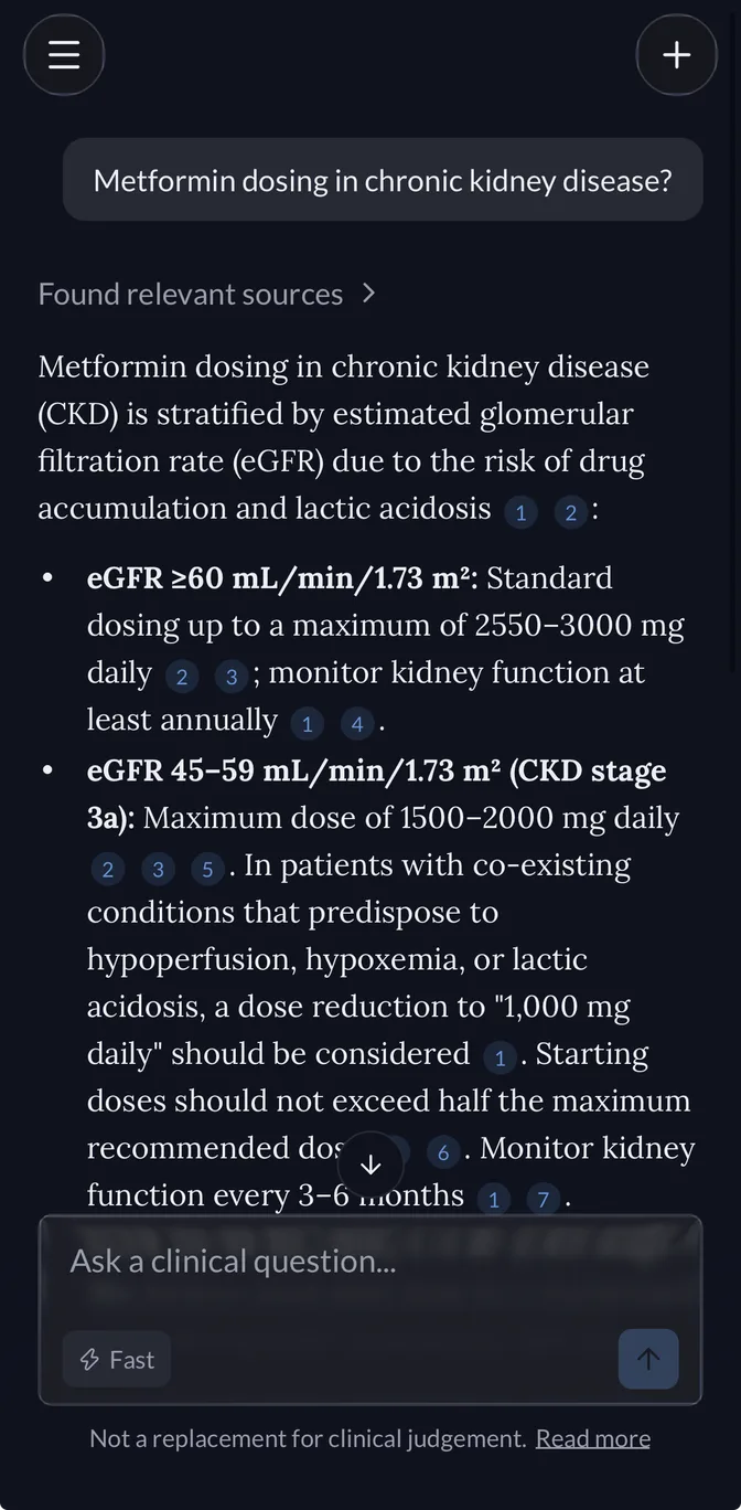 The Standard Medicine app showing a cited answer to a clinical question